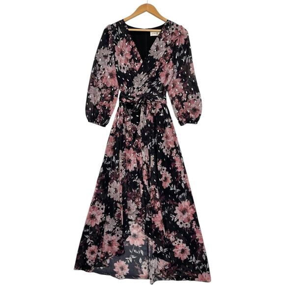 Eliza J Dress Womens 6 Black Pink Floral Maxi Wrap Chiffon Metallic Wimsigoth - Picture 2 of 16